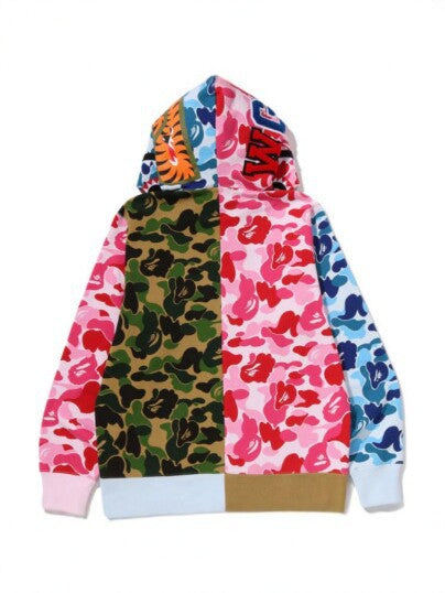 A Bathing Ape Shark Multi‑Color Patchwork Camo Full Zip Hoodie Main Image