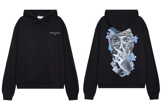 IH NOM UH NIT Blue Floral Mask Back Print Hoodie - Black Hover Image