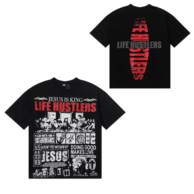 Life Hustlers Jesus Is King Newspaper Collage Tee - Black Hover Image