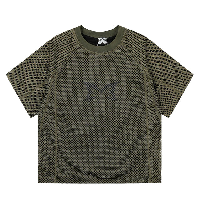 Mertra All-Over Monogram Mesh Raglan Tee - Olive Green Hover Image